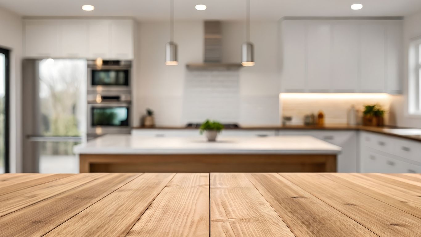 KITCHEN RENOVATION Kitchen Renovation York Simcoe A wooden worktop in the foreground with a modern, blurred kitchen featuring white cupboards and stainless steel appliances in the background.