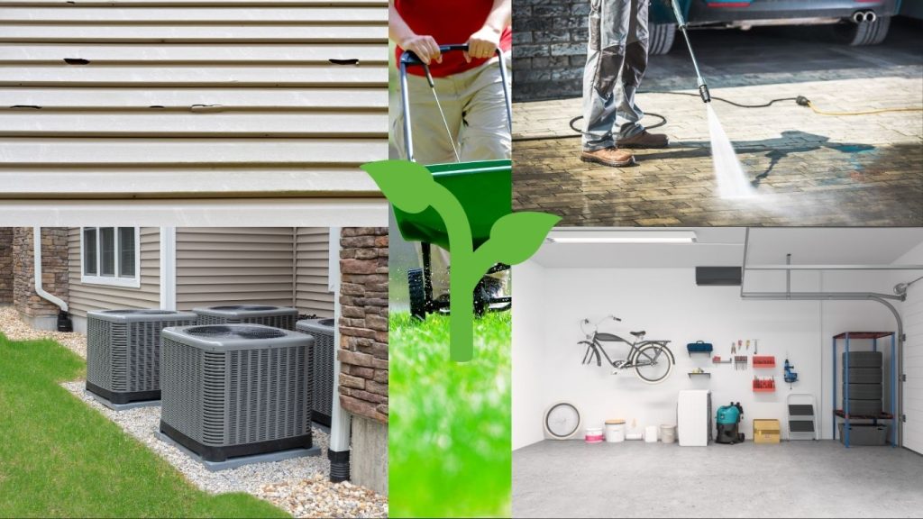 Spring home maintenance checklist. A collage of images of people cleaning a house. - The Handyman Services York Region & Simcoe Region