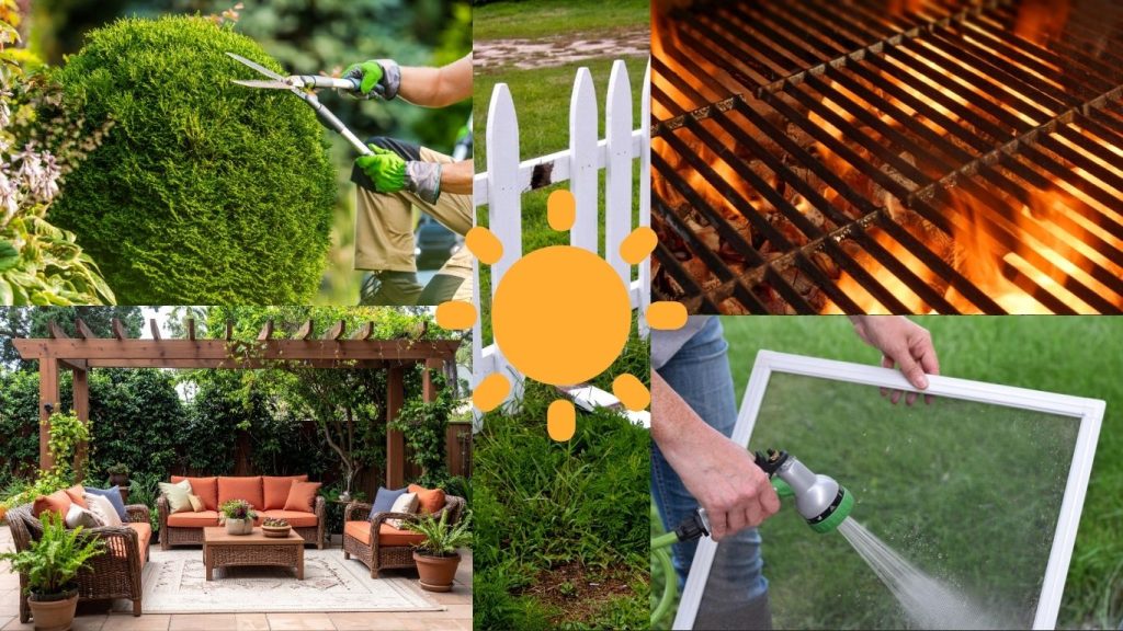 Summer home maintenance checklist. A collage showing hedge trimming, a white fence, a lit barbecue, garden furniture, and a person spraying a window screen with a hose, centred around a sun icon. - The Handyman Services York Region & Simcoe Region
