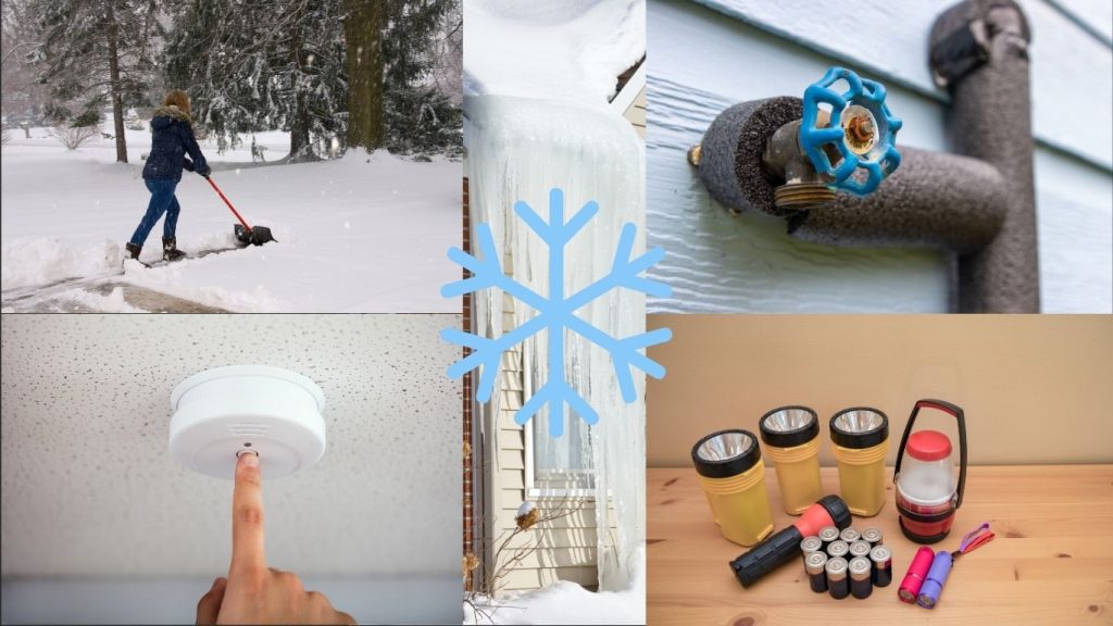 Winter home maintenance checklist. A collage showing snow shovelling, frozen pipe, icicles, smoke alarm testing, torches with batteries, and a lantern, with a blue snowflake in the centre. - The Handyman Services York Region & Simcoe Region