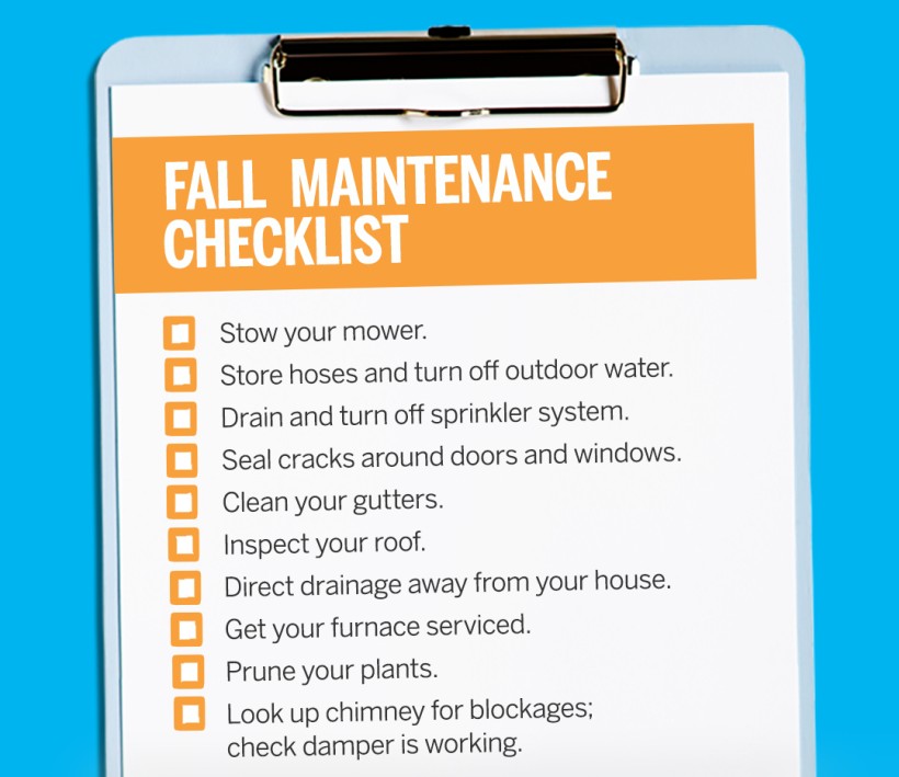 A clipboard displays a fall maintenance checklist with tasks such as stowing the mower, draining hoses, sealing cracks, gutter cleaning and roof checks.