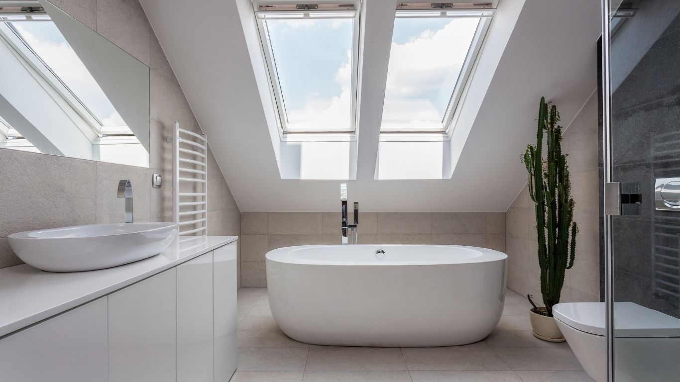 Modern bathroom with a freestanding bath under two skylights, a vessel basin on a white cabinet, a cactus plant, and a glass-enclosed shower.