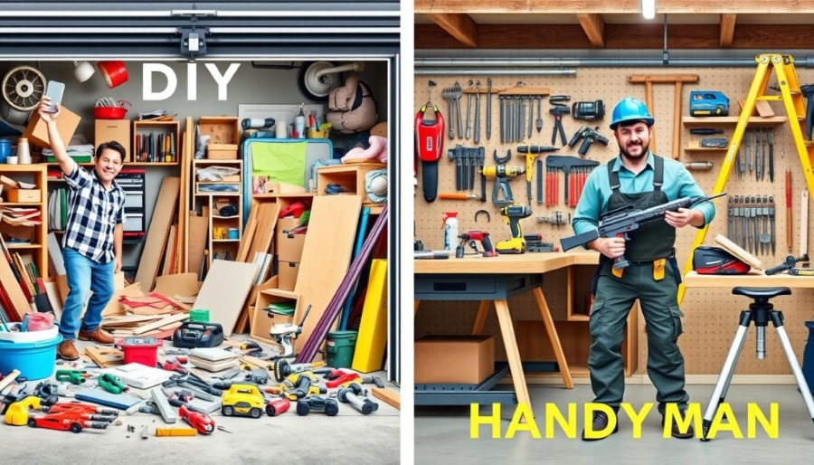 DIY vs. Hiring a Handyman. A split image shows a cluttered home garage labelled "DIY" on the left and an organised workshop with a handyman labelled "HANDYMAN" on the right. - The Handyman Services York Region & Simcoe Region