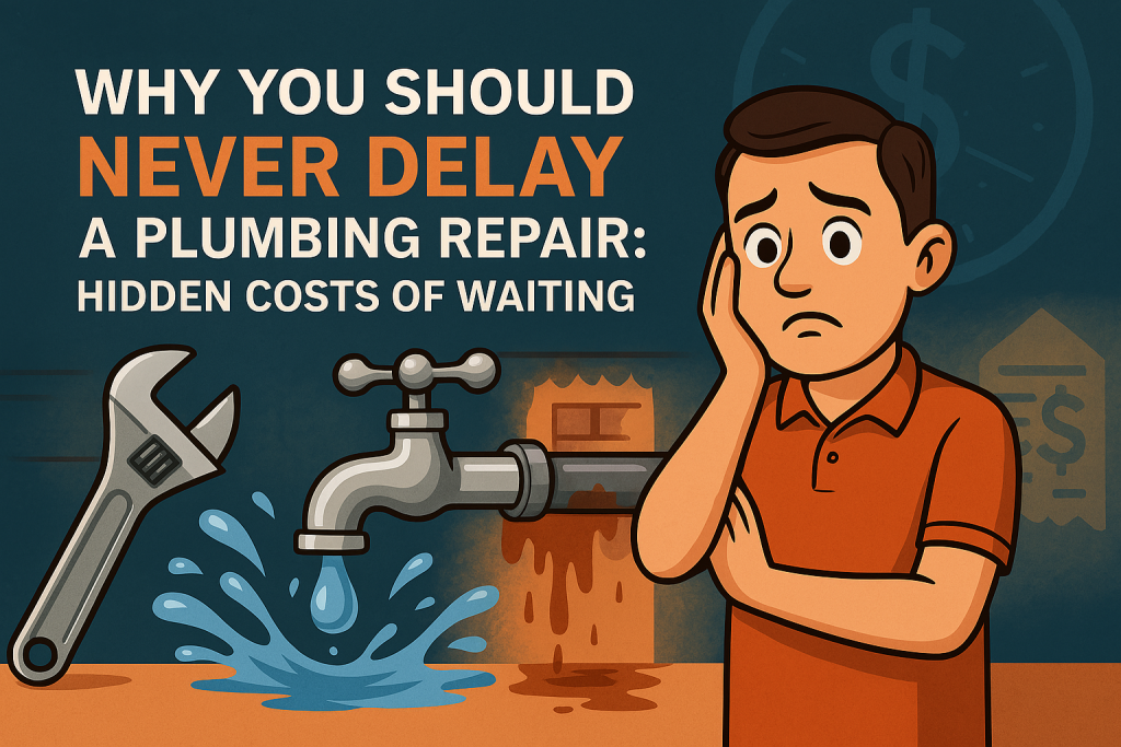 Hidden dangers of ignoring small plumbing or electrical issues. A worried man stands by a leaking tap and spilt water next to a large spanner. Text reads: "Why You Should Never Delay a Plumbing Repair: Hidden Costs of Waiting. - The Handyman Services York Region & Simcoe Region