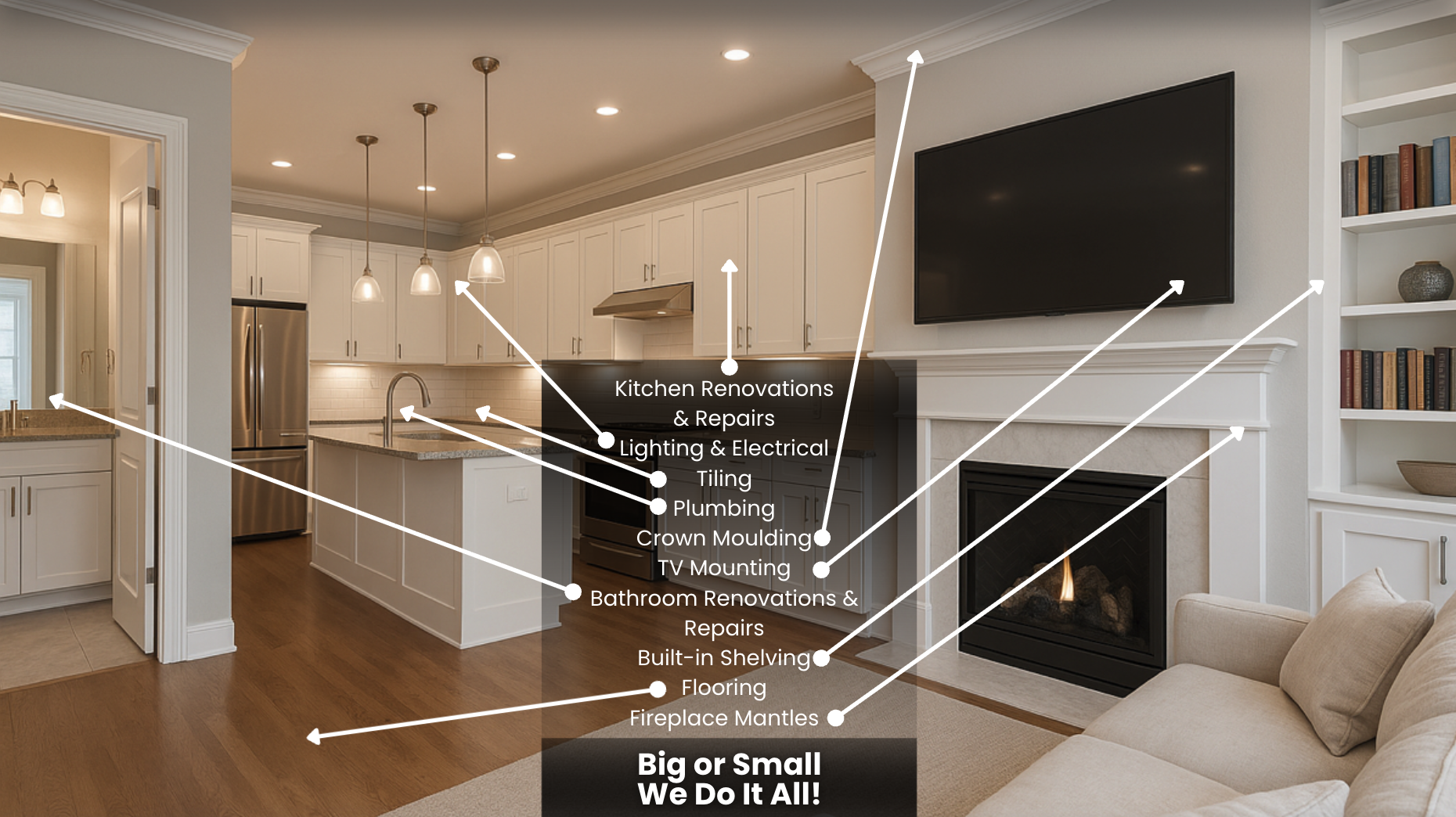 Modern kitchen and living room with white cabinetry, fireplace, wall-mounted telly, pendant lighting, and labelled home renovation services listed in the centre.