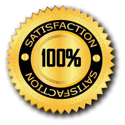 Gold seal with the text "100% SATISFACTION" in black letters, indicating a guarantee of complete satisfaction.