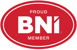 Red oval badge with the words 